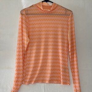 Maeve Anthropologie Long Sleeve Sheer Mesh Turtle Neck Orange Pink Top Size Med